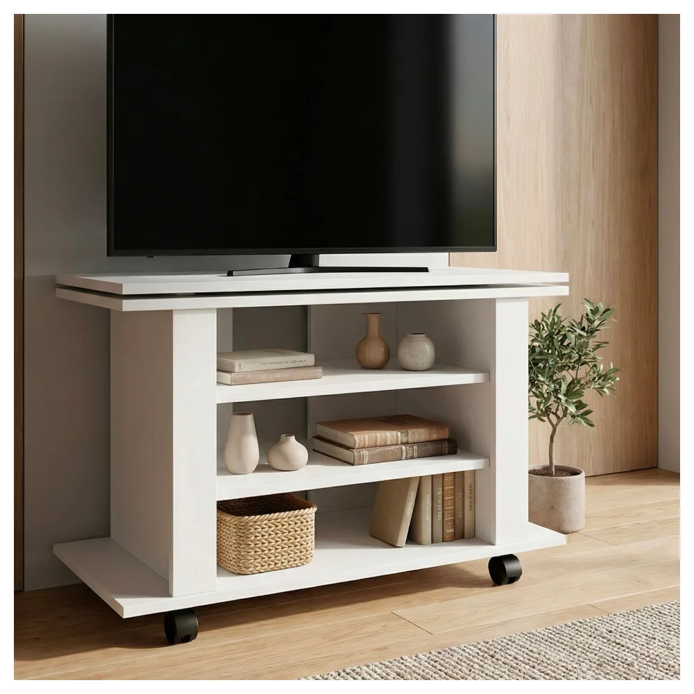 FineBuy TV Lowboard Weiß 78 cm – HiFi Bank mit drehbarer Oberplatte – Fernsehtisch auf Rollen – TV Möbel mit offenen Fächern – Medienboard Modern – Fernsehschrank