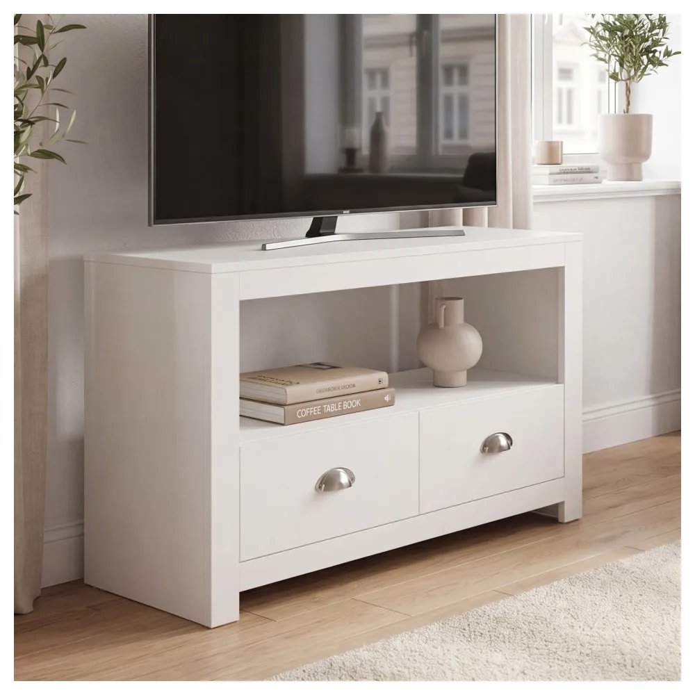 FineBuy Lowboard TV Möbel Weiß 85cm - Kompaktes TV Board mit zwei Schubladen - Fernsehunterschrank mit offenem Fach - Platzsparende Fernsehkommode - Fernsehschrank TV Tisch für Raumecken