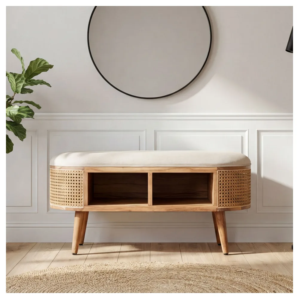 FineBuy gepolsterte Sitzbank 90 cm Wiener Geflecht - Retro Schuhbank für Garderobe Schlafzimmer & Wohnzimmer - Garderobenbank Eingangsbereich - Flurbank Handmade