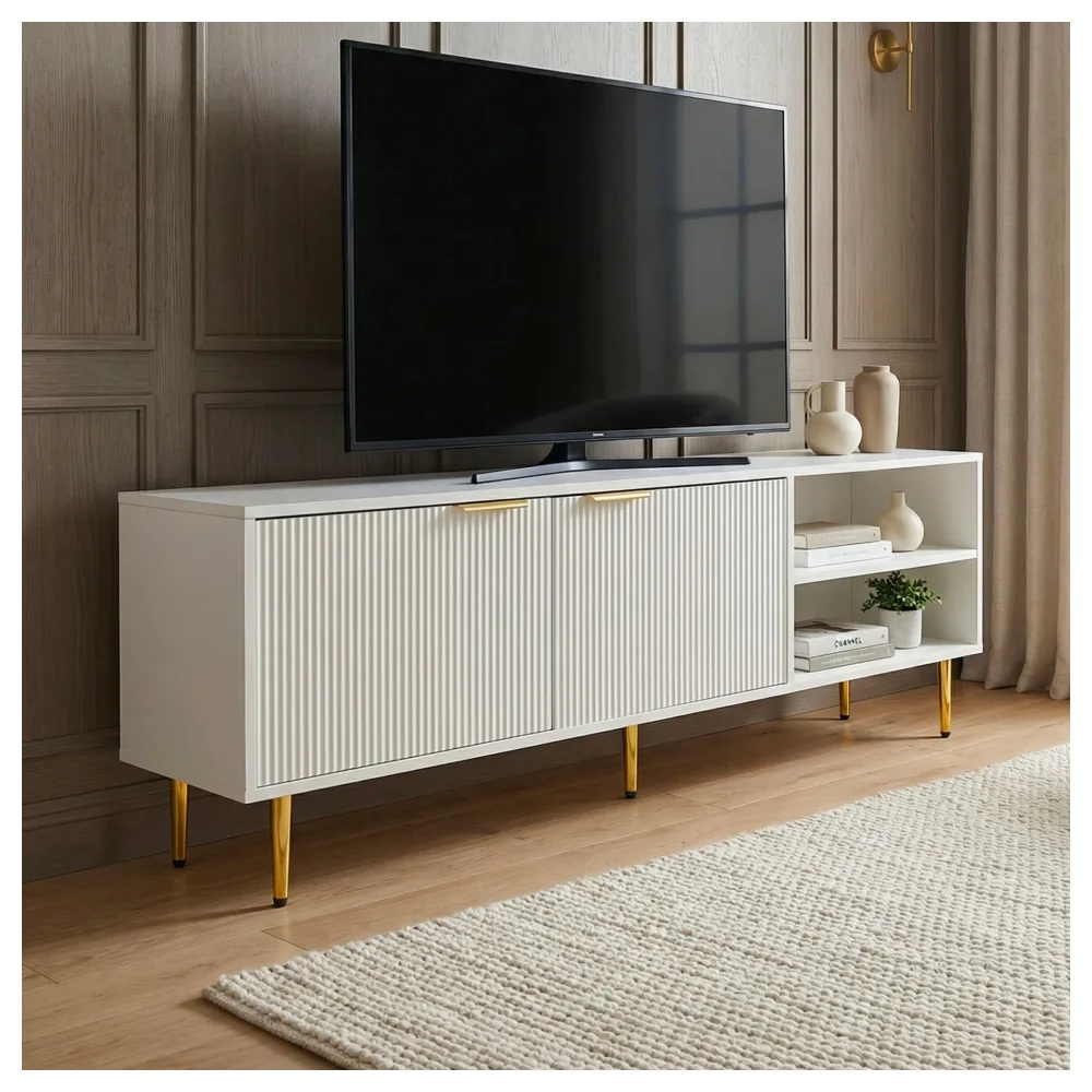 FineBuy Lowboard TV Möbel Weiß 150cm - TV Board mit Lamellenfront - TV Kommode mit 2 Türen und offenen Fächern - Fernsehkommode Fernsehunterschrank mit Metallbeinen - TV Schrank Modern