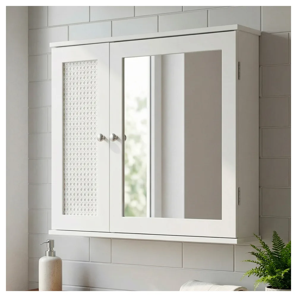 FineBuy Spiegelschrank Weiß 60cm - Wand Badschrank mit 1 Spiegeltür - Hängeschrank Bad Wandschrank im Rattan Aufbewahrungsschrank mit Tür Design Badezimmerspiegel