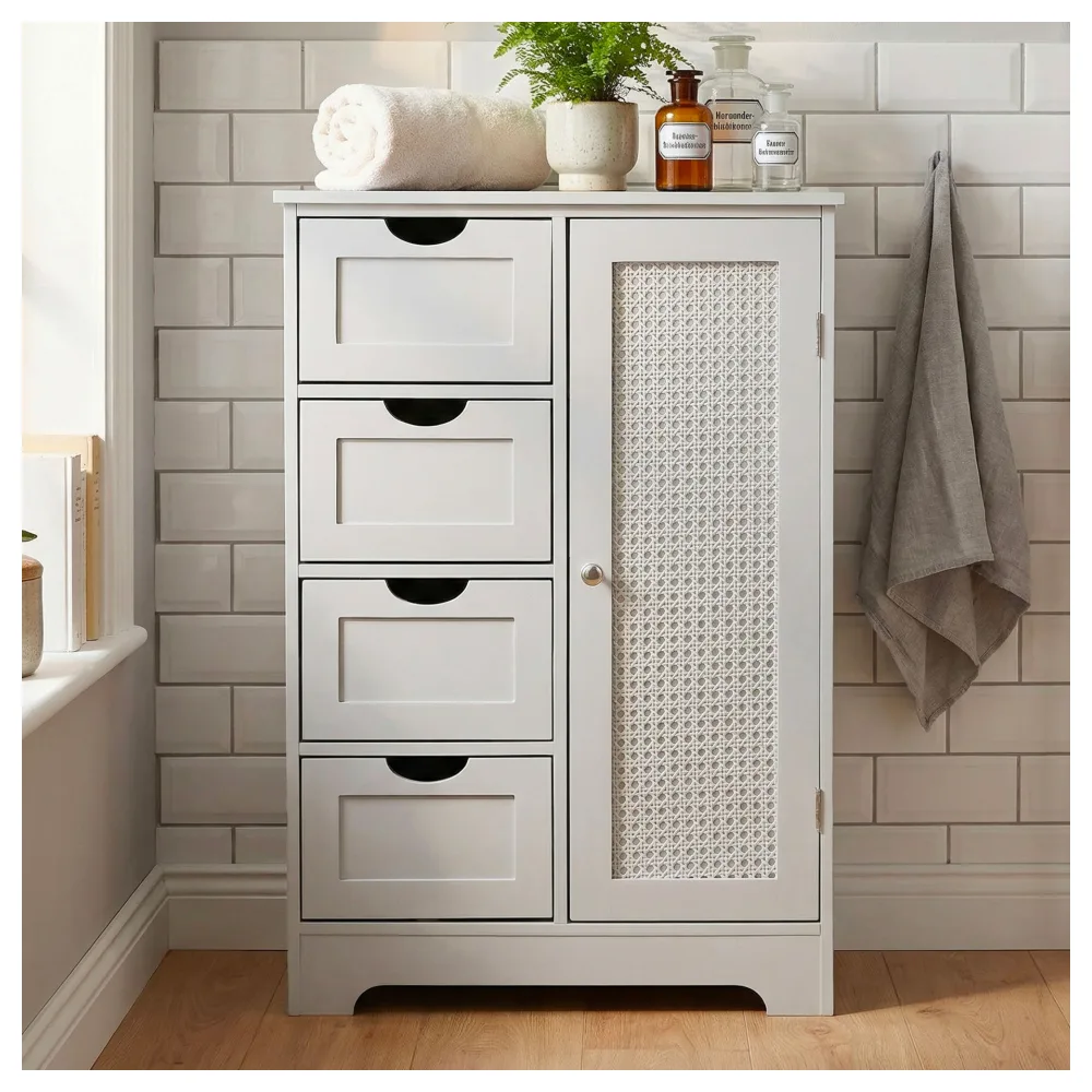 FineBuy schmaler Badschrank 55x80 cm mit Wiener Geflecht – Badezimmerschrank mit Tür und 4 Schubladen – Badregal aus lackiertem MDF – Badezimmerregal modern – Aufbewahrungsschrank Bad Badezimmer