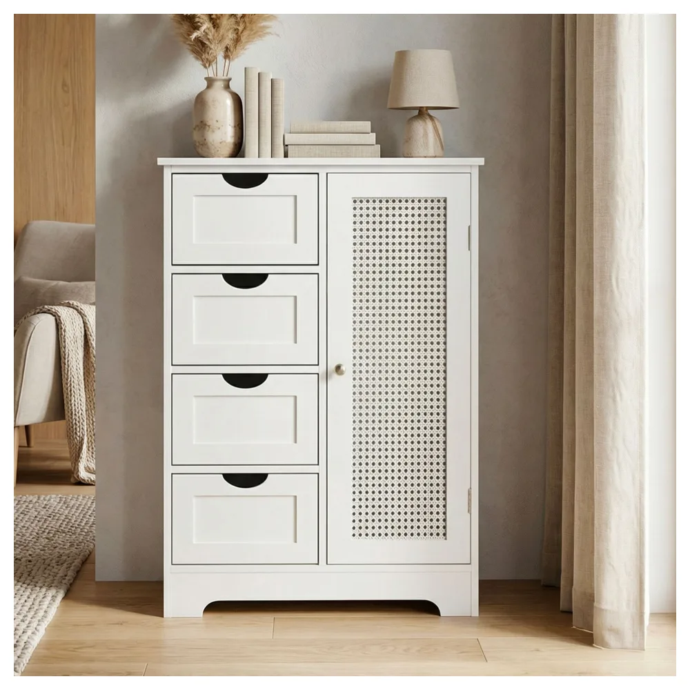 FineBuy schmaler Standschrank mit Schubladen und Tür 55x80 cm – Aufbewahrungsschrank aus MDF Weiß – Kommode mit Rattan Geflecht – Schrank für Flur und Wohnzimmer – Schubladenkommode modern