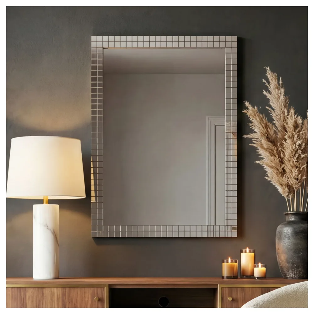 FineBuy Wandspiegel 60x90 cm mit Mosaikrahmen – Spiegel rechteckig – Wohnspiegel aus Glas – Hängespiegel Flurspiegel modern – Wohnzimmerspiegel vertikal & horizontal – Dekospiegel Handmade