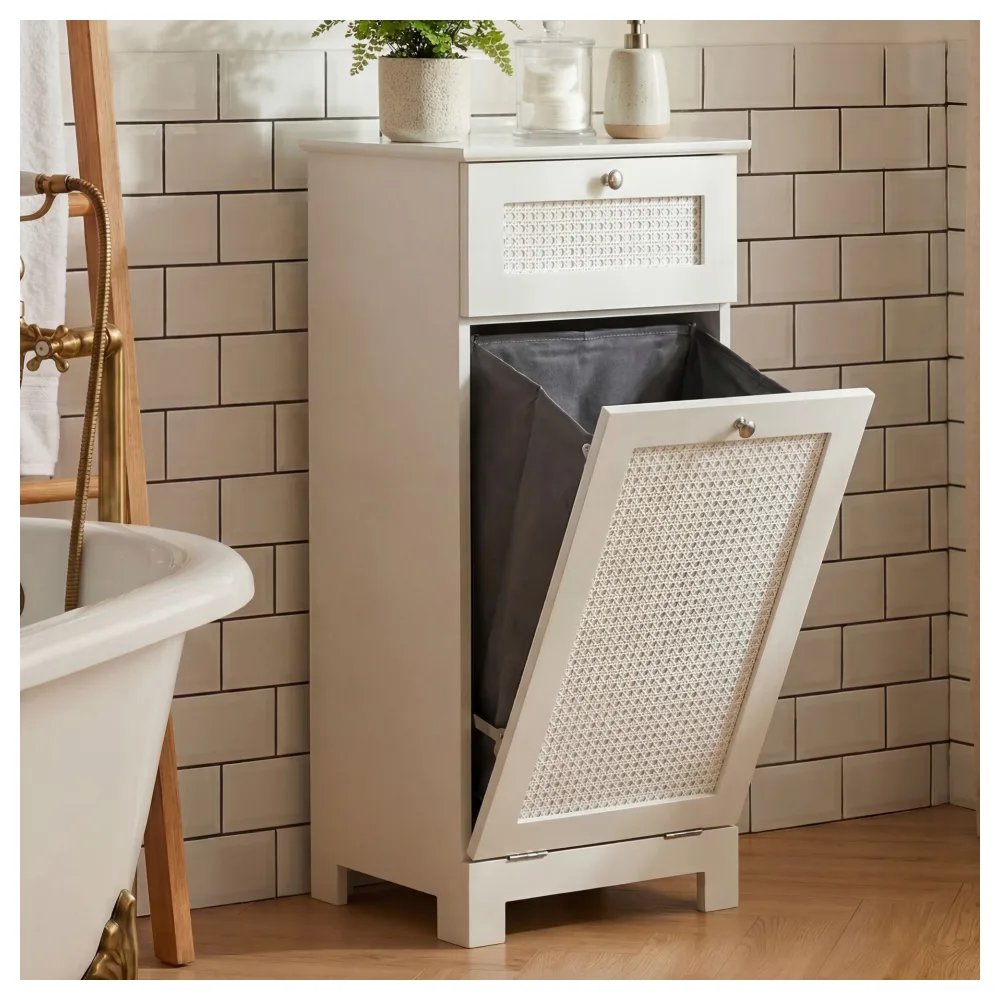 FineBuy Wäscheschrank Weiß 38x90x40 cm Ratten Geflecht Nischenschrank Bad - Schmaler Wäschekipper mit Klapptür und Schublade - Badschrank Wäschesammler Badezimmer