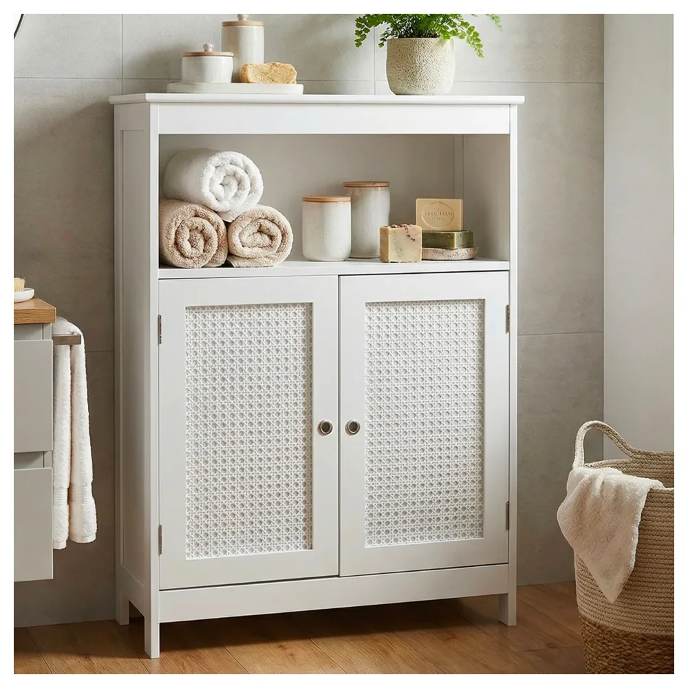 FineBuy Badschrank 80 x 60 x 28 cm Weiß - Schmaler Badezimmerschrank Türen & Ablage - Aufbewahrungsschrank Wiener Geflecht - Badezimmer Badregal Bad Badezimmerregal