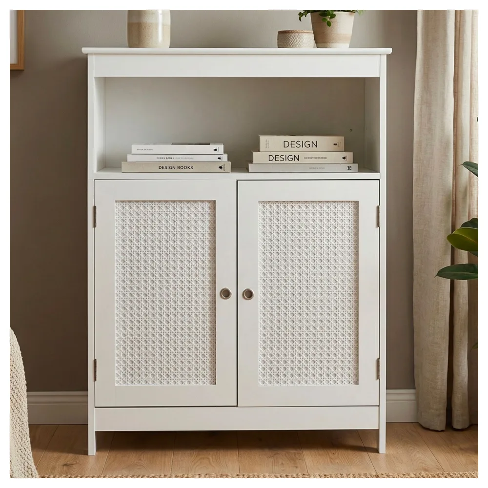 FineBuy Standregal Weiß 80cm – Stauraumregal 2 Schranktüren im Rattan Design & Ablage – schmales Wohnregal Flur & Wohnzimmer – Kleiner Schrank – Kommode Wiener Geflecht Beistellschrank