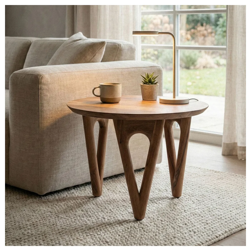 FineBuy Couchtisch Rund 60 cm Wohnzimmertisch Akazie Massivholz - Sofatisch Holz - Loungetisch Modern - Massiver Design Tisch - Beistelltisch Landhaus Handmade
