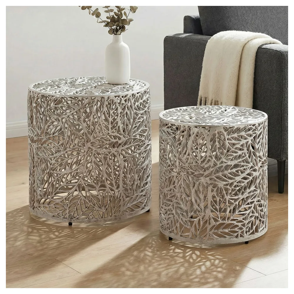 FineBuy Satztisch Aluminium 2er Set rund silber - Beistelltisch mit Blattmuster - Dekotisch Couchtisch Alu Design - Metalltisch modern - Wohnzimmertisch Set Handmade