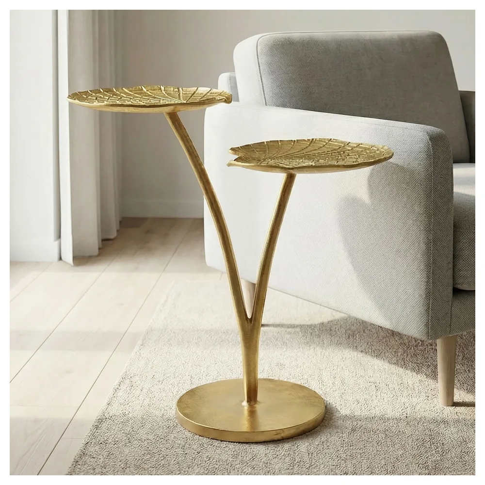 FineBuy Beistelltisch Seerosenblatt Gold 57cm Aluminium Tisch - Design Anstelltisch Alu Modern Rund - Wohnzimmertisch Metall - Metalltisch Dekotisch Couchtisch Handmade