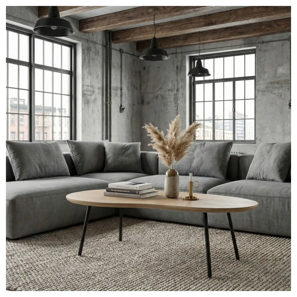 FineBuy Couchtisch Nierenform Mango Massivholz white wash 122 cm - Wohnzimmertisch Holz - Sofatisch Retro - Beistelltisch Metall Gestell - Design Tisch Handmade
