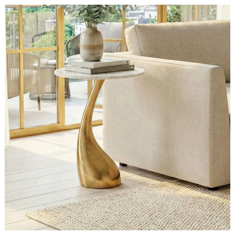 FineBuy Beistelltisch 45cm Gold mit weißer Marmor Tischplatte - Couchtisch klein rund - Sofatisch Alu modern - Wohnzimmertisch Aluminium - Design Tisch Metallgestell hoch Handmade