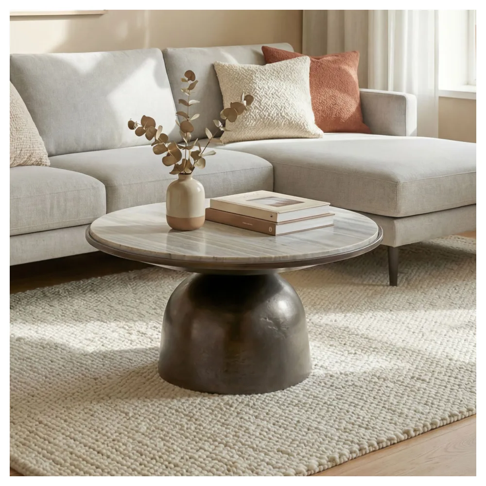 FineBuy Couchtisch 60cm Aluminium mit weißer Marmor Tischplatte - Runder Wohnzimmertisch - Design Sofatisch - Moderner Loungetisch - Edler Beistelltisch Wohnzimmer Handmade