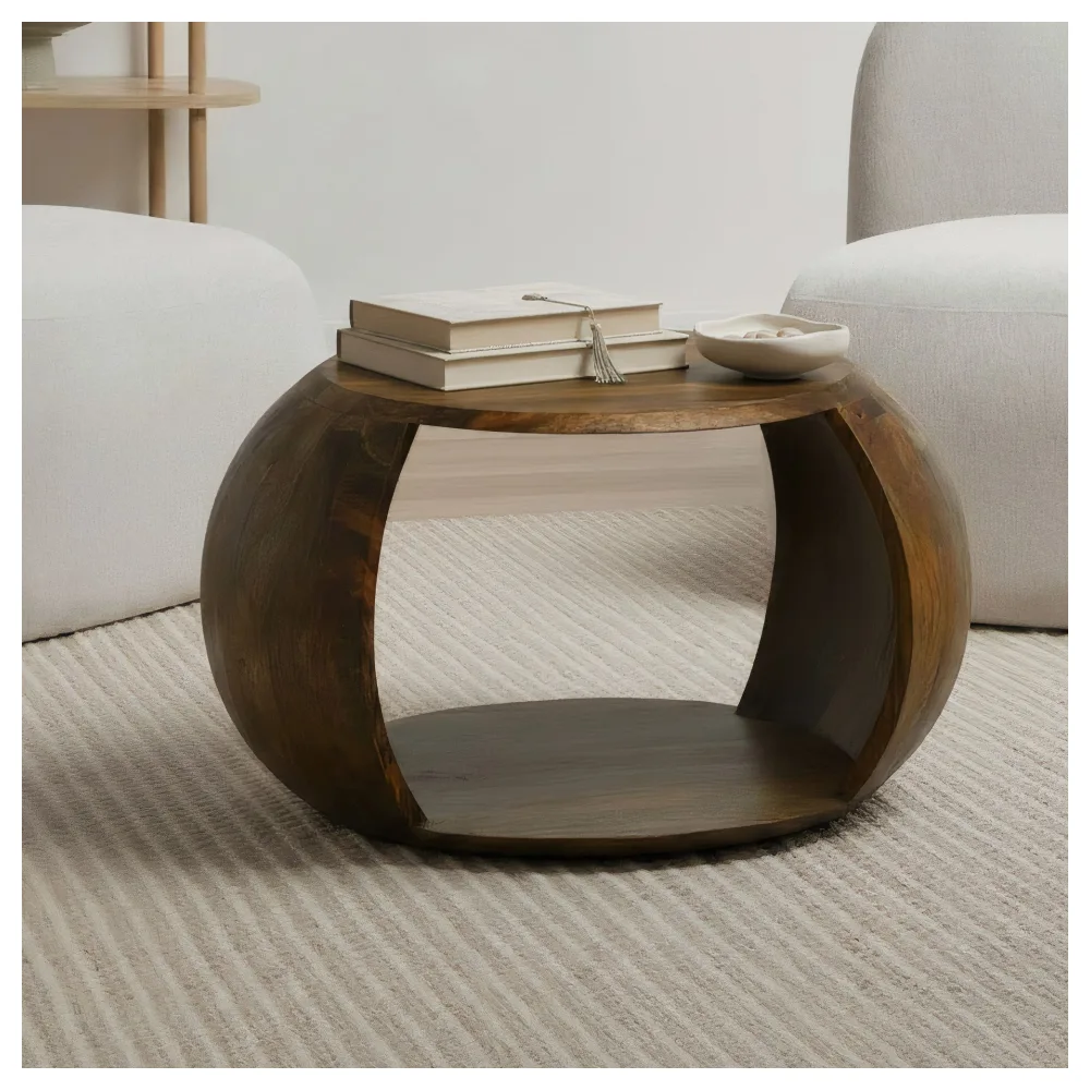 FineBuy Couchtisch Mango Massivholz rund 60 cm x 46 cm x 36 cm - Wohnzimmertisch mit Ablagefach - Handgefertigter Sofatisch aus Echtholz im natürlichen Landhaus Design