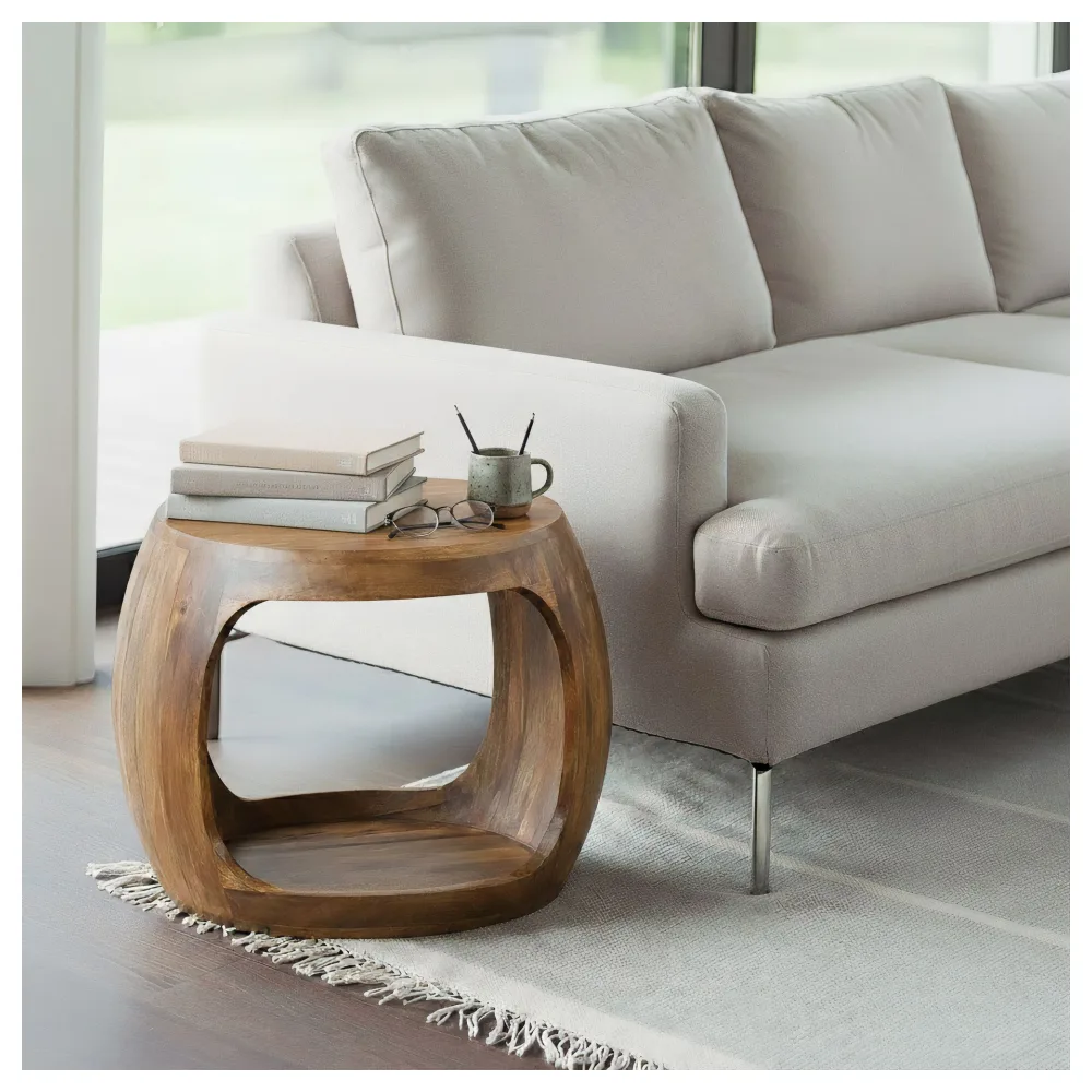 FineBuy Beistelltisch 50cm Mango Massivholz rund mit Ablagefach - Couchtisch Echtholz handgefertigt, Wohnzimmertisch im Naturdesign Handmade