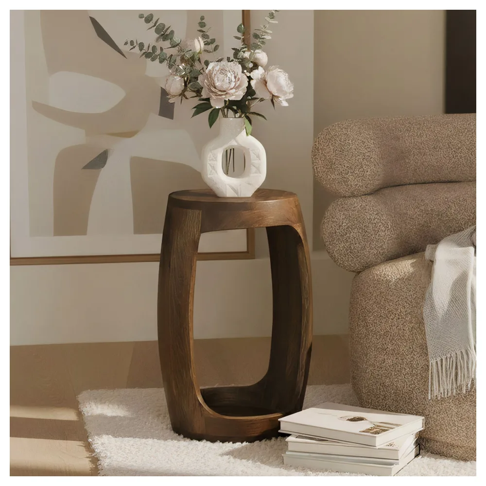 FineBuy Beistelltisch Mango Massivholz rund 30cm - Kleiner Runder Couchtisch mit offenem Fach - Handgefertigter Wohnzimmertisch im modernen Design aus Echtholz