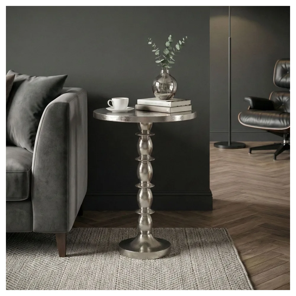 FineBuy Beistelltisch Silber 40cm Aluminium Tisch Rund - Anstelltisch Raw Finish - Design Wohnzimmertisch Dekotisch - Metalltisch Orientalisch Modern - Sofatisch Couchtisch Handmade