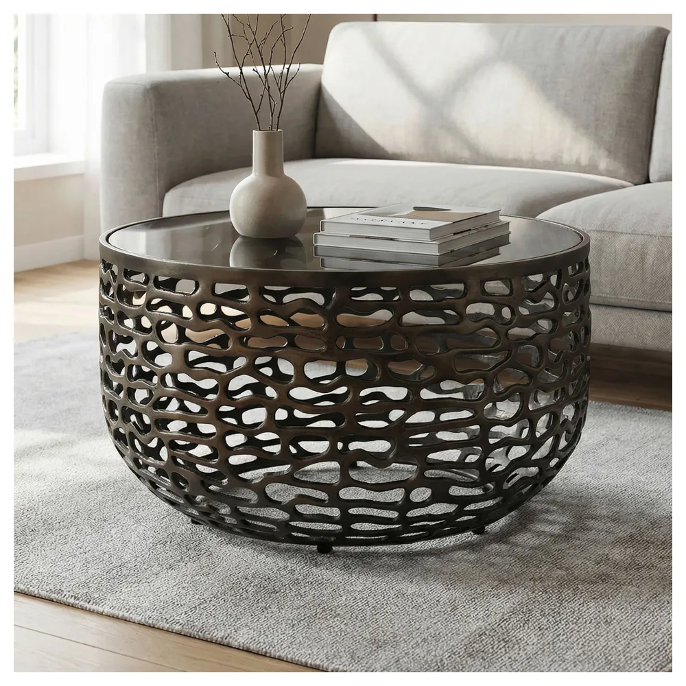 FineBuy Couchtisch Aluminium Glas 60cm Schwarz - Runder Wohnzimmertisch Metall - Design Sofatisch - Moderner Loungetisch Gitteroptik - Beistelltisch Wohnzimmer Handmade