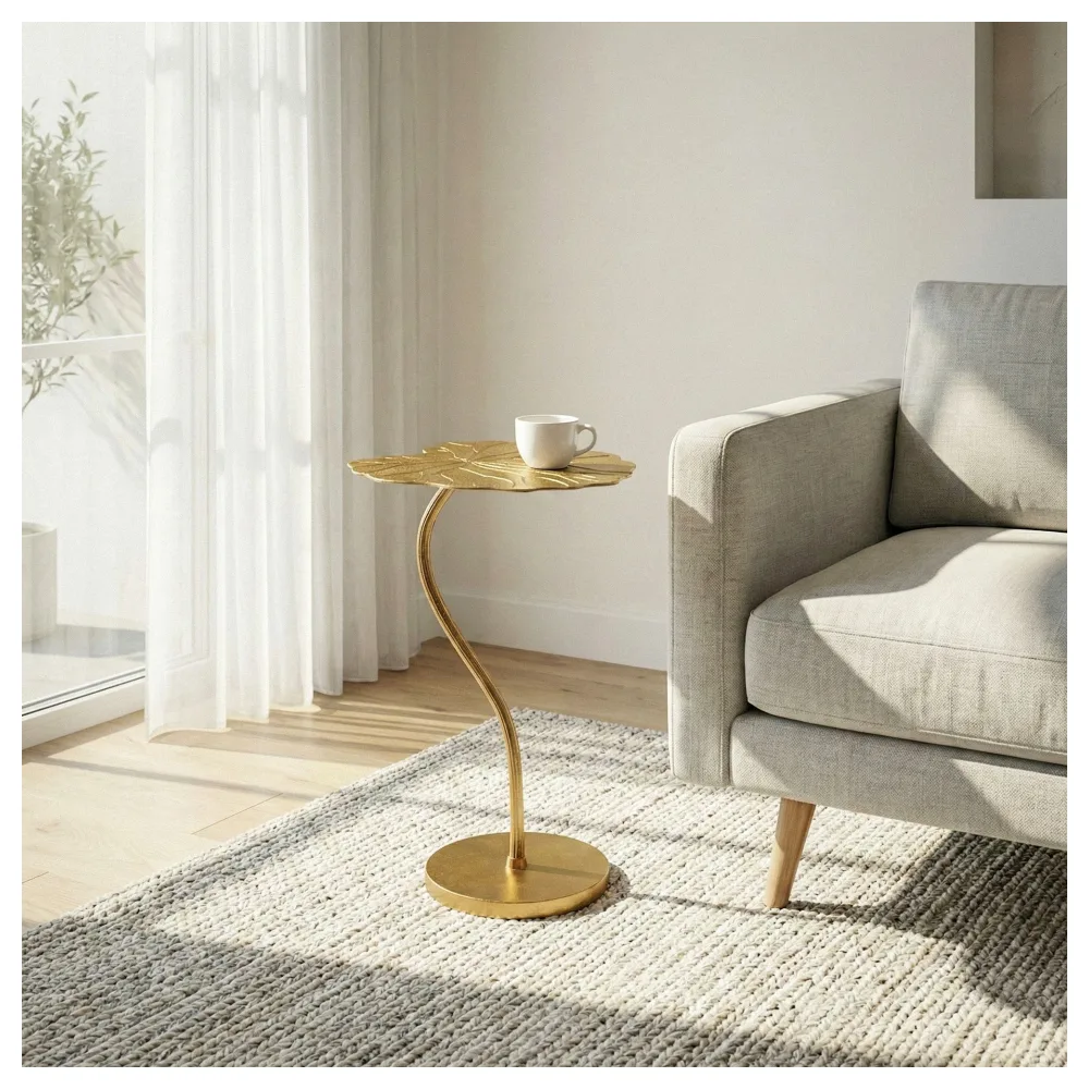 FineBuy Beistelltisch Aluminium Gold 40x38cm - Design Blatt Anstelltisch Wohnzimmertisch - Moderner Loungetisch - Edler Blumentisch Couchtisch Wohnzimmer Handmade