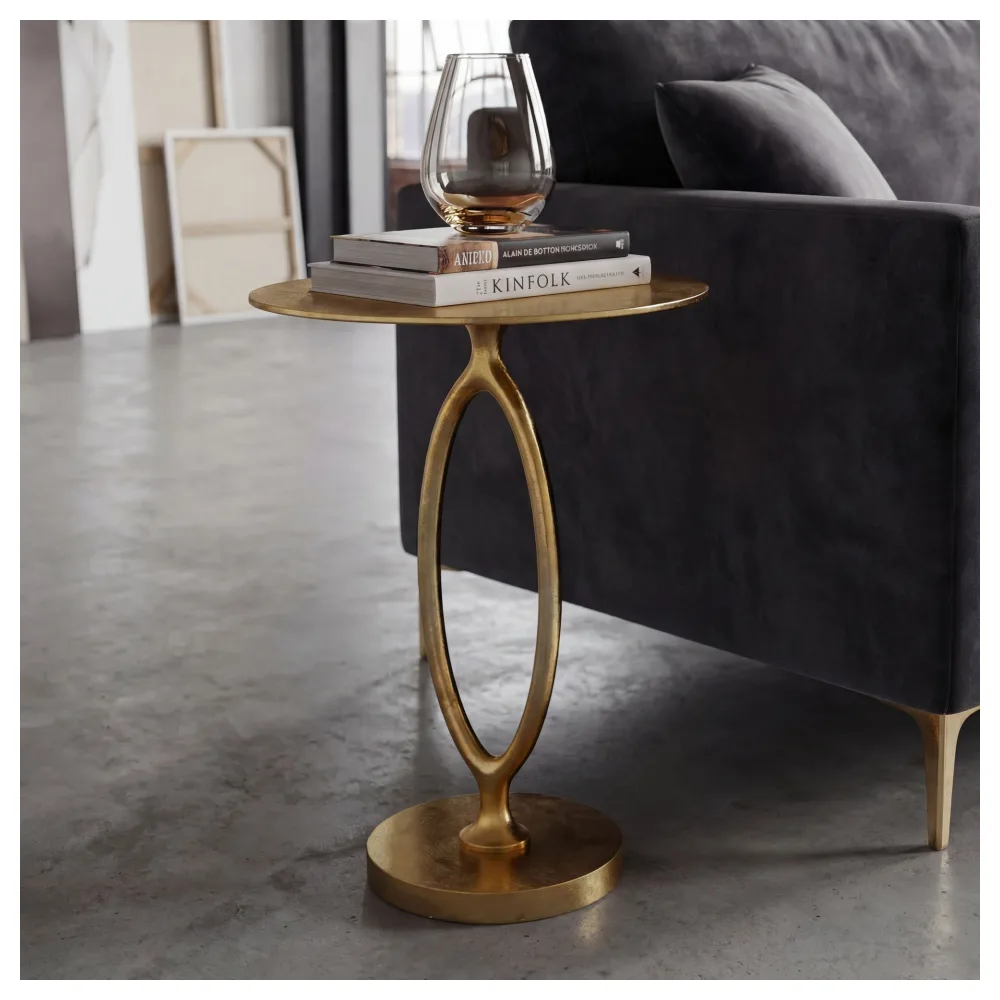 FineBuy Beistelltisch Aluminium 44cm Rund Gold - Design Metalltisch - Extravaganter Wohnzimmertisch - Moderner Couchtisch Metall - Edler Anstelltisch Handmade