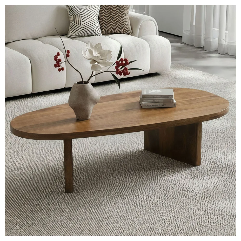 FineBuy Couchtisch Mango Massivholz oval 120cm - Handgefertigter Wohnzimmertisch im modernen Design mit abgerundeter Form - Flacher Beistelltisch Sofatisch aus Echtholz Handmade