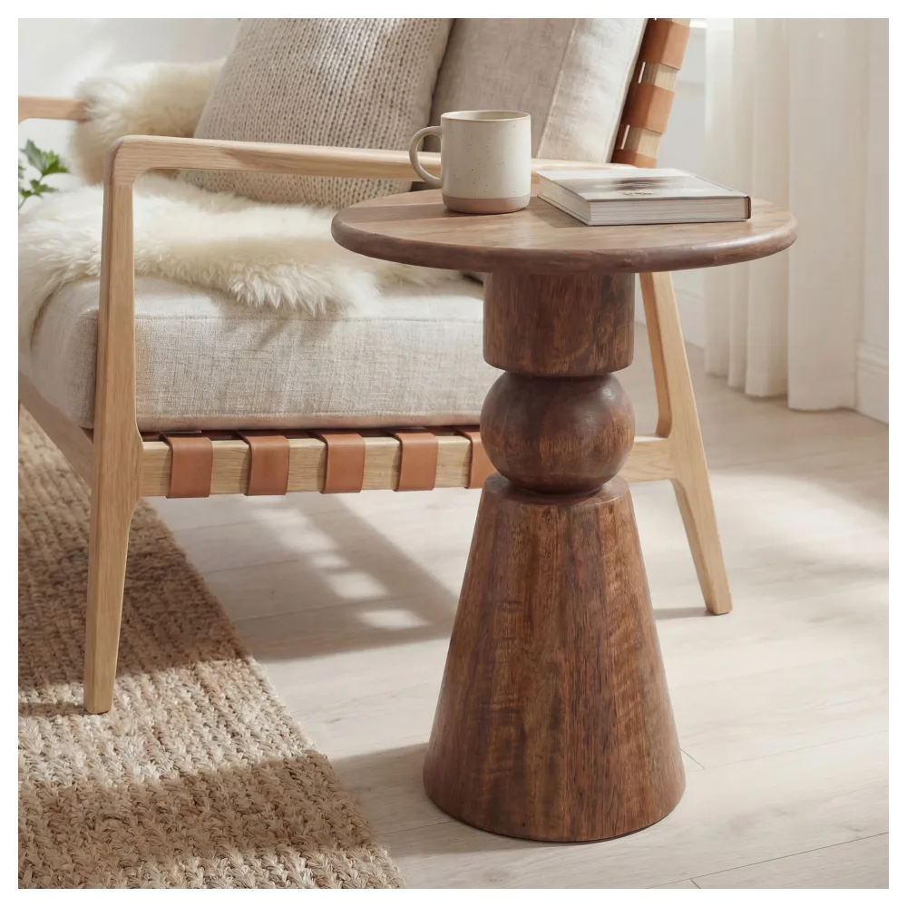 FineBuy Beistelltisch Mango Massivholz Braun 35cm - Design Anstelltisch Holz - Runder Wohnzimmertisch Massiv - Loungetisch Couchtisch Natur Handmade