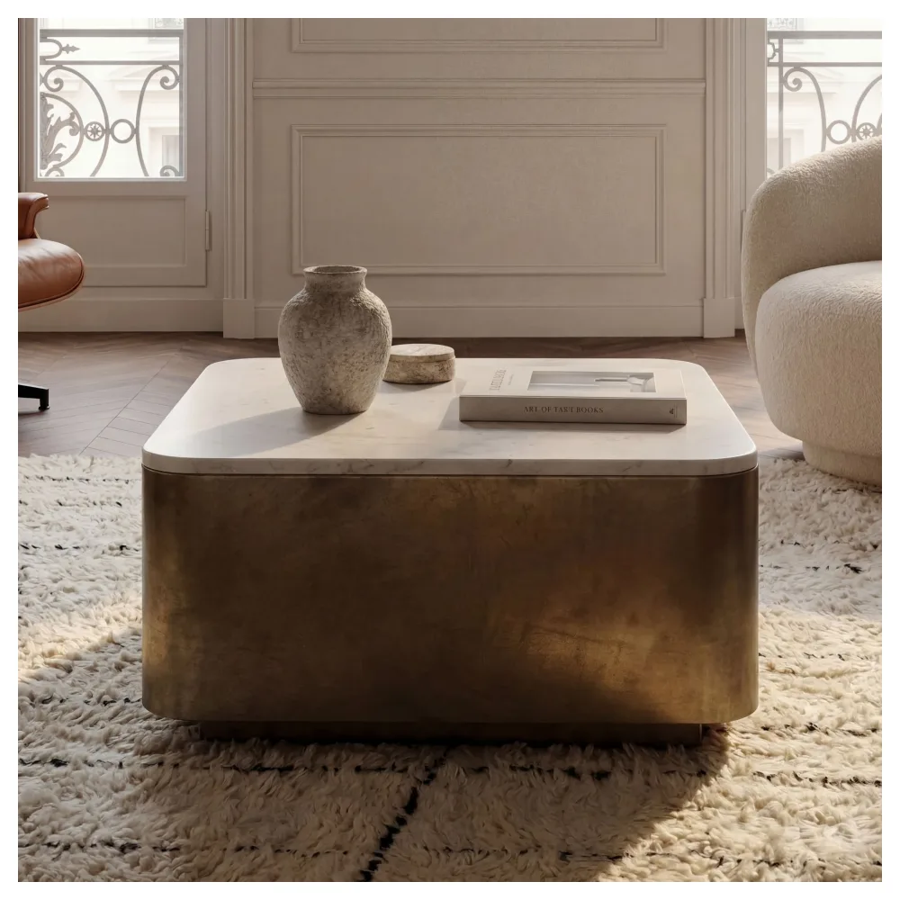 FineBuy Couchtisch Metall mit weißer Marmor Tischplatte 60cm quadratisch - Moderner Wohnzimmertisch - Design Sofatisch - Loungetisch Kubus - Edler Beistelltisch Handmade