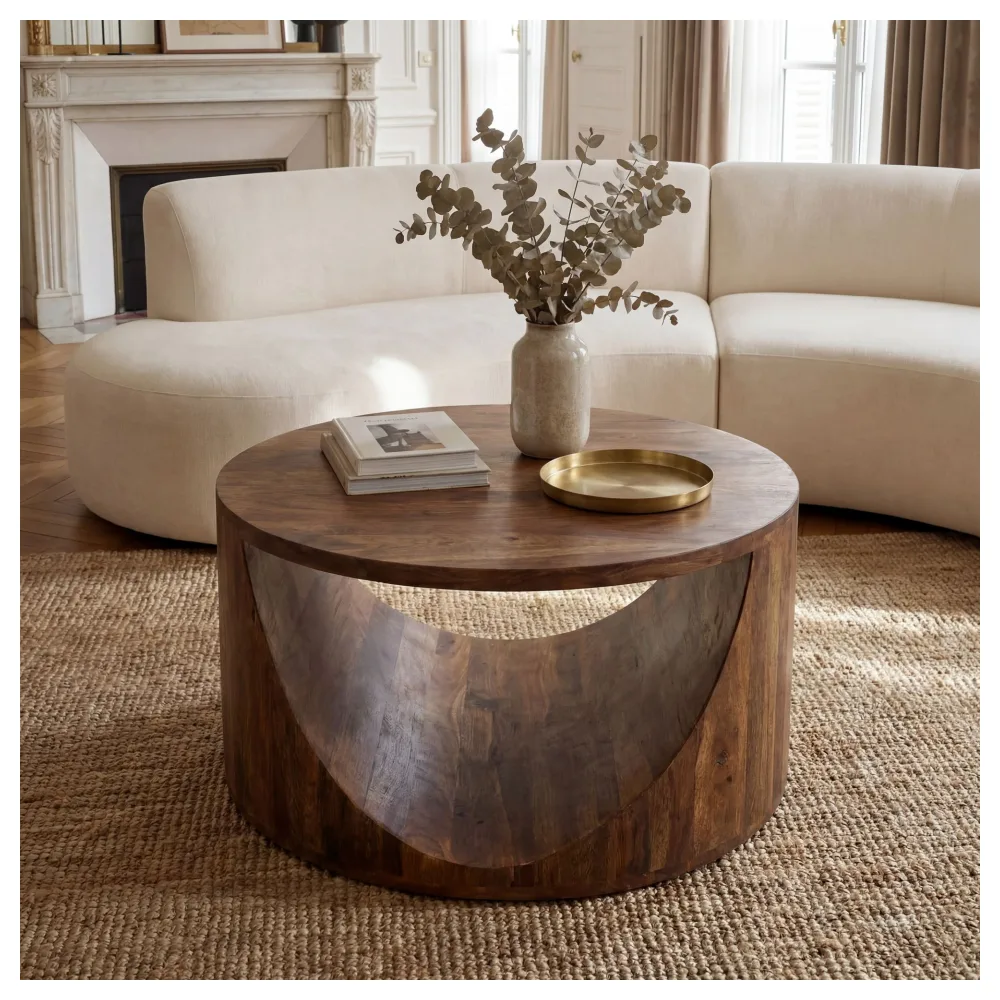 FineBuy Couchtisch Mango Massivholz Rund 60cm - Design Wohnzimmertisch mit Ablagefach - Ausgefallener Sofatisch Holz - Loungetisch Zylinder - Natur Beistelltisch Handmade