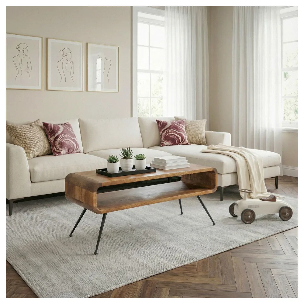 FineBuy Couchtisch Mango Massivholz Metall 105cm - Design Wohnzimmertisch mit Ablagefach - Rechteckiger Sofatisch Retro - Loungetisch Holz - Natur Beistelltisch Handmade