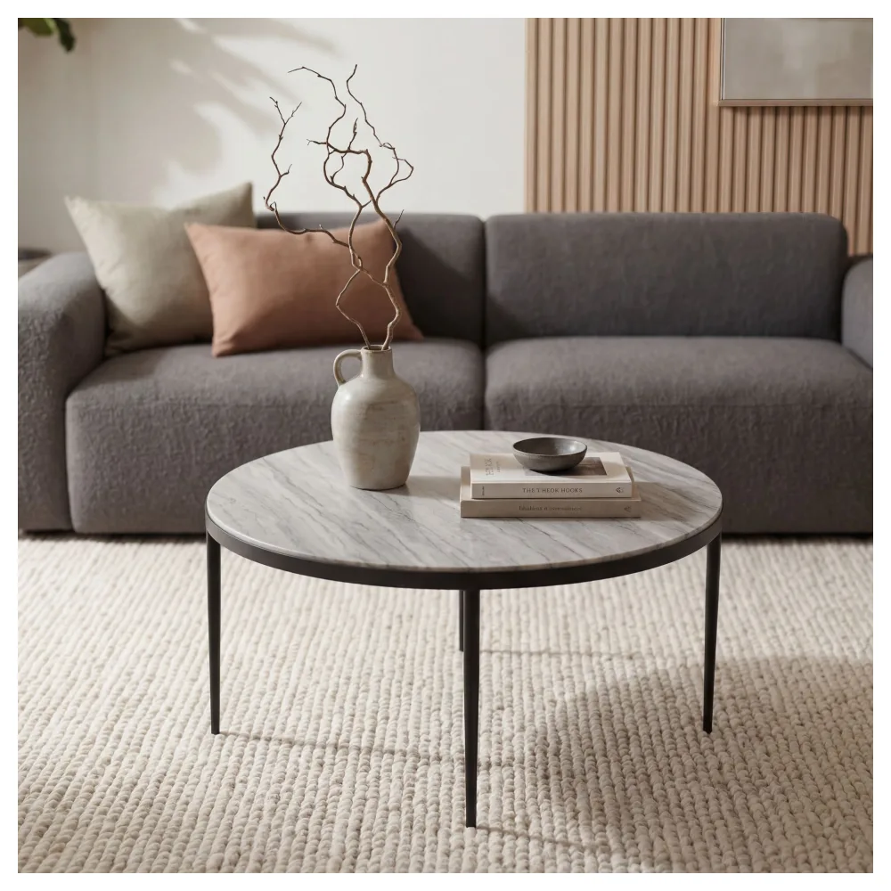 FineBuy Couchtisch Metall mit weißer Toronto Marmor Tischplatte 70cm rund - Runder Wohnzimmertisch Design Loungetisch - Eleganter Sofatisch - Moderner Beistelltisch Handmade