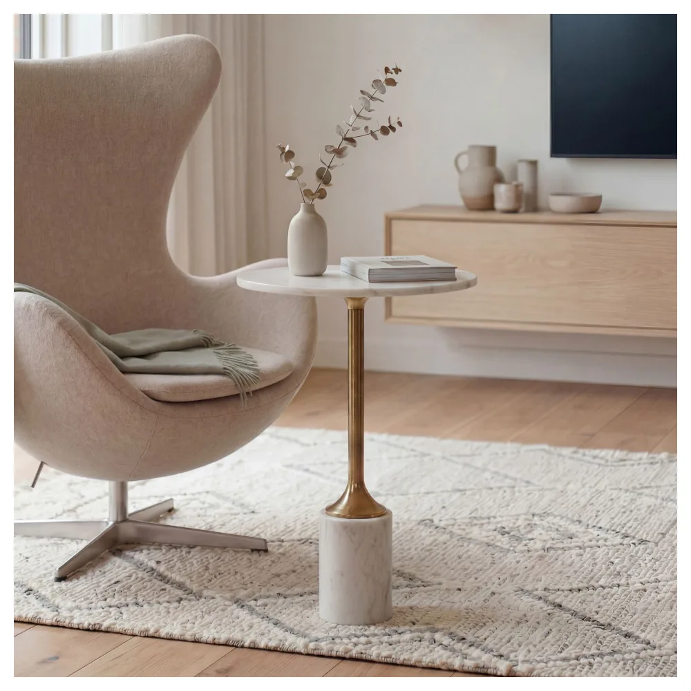 FineBuy Beistelltisch Metall mit weißer Marmor Tischplatte 37cm rund - Moderner Anstelltisch - Design Sofatisch - Loungetisch Couchtisch - Edler Wohnzimmertisch Handmade