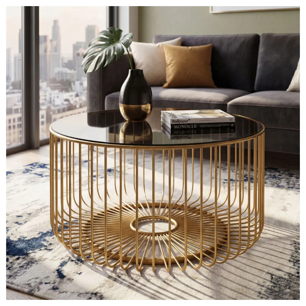 FineBuy Couchtisch Glas Metall 60cm Gold Rund - Moderner Wohnzimmertisch - Design Sofatisch - Loungetisch mit Gittergestell - Runder Beistelltisch Handmade