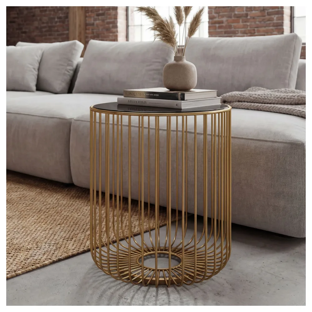 FineBuy Beistelltisch Glas Metall 40cm Gold Rund - Moderner Anstelltisch - Design Sofatisch Couchtisch Drahtkorb - Loungetisch mit Gittergestel - Runder Wohnzimmertisch Klein Handmade