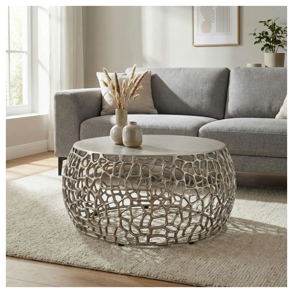 FineBuy Couchtisch Metall Silber 60cm Sofatisch Aluminium Rund - Design Wohnzimmertisch mit Ast Struktur - Kleiner Kaffeetisch Modern - Beistelltisch Anstelltisch Wohnzimmer Handmade