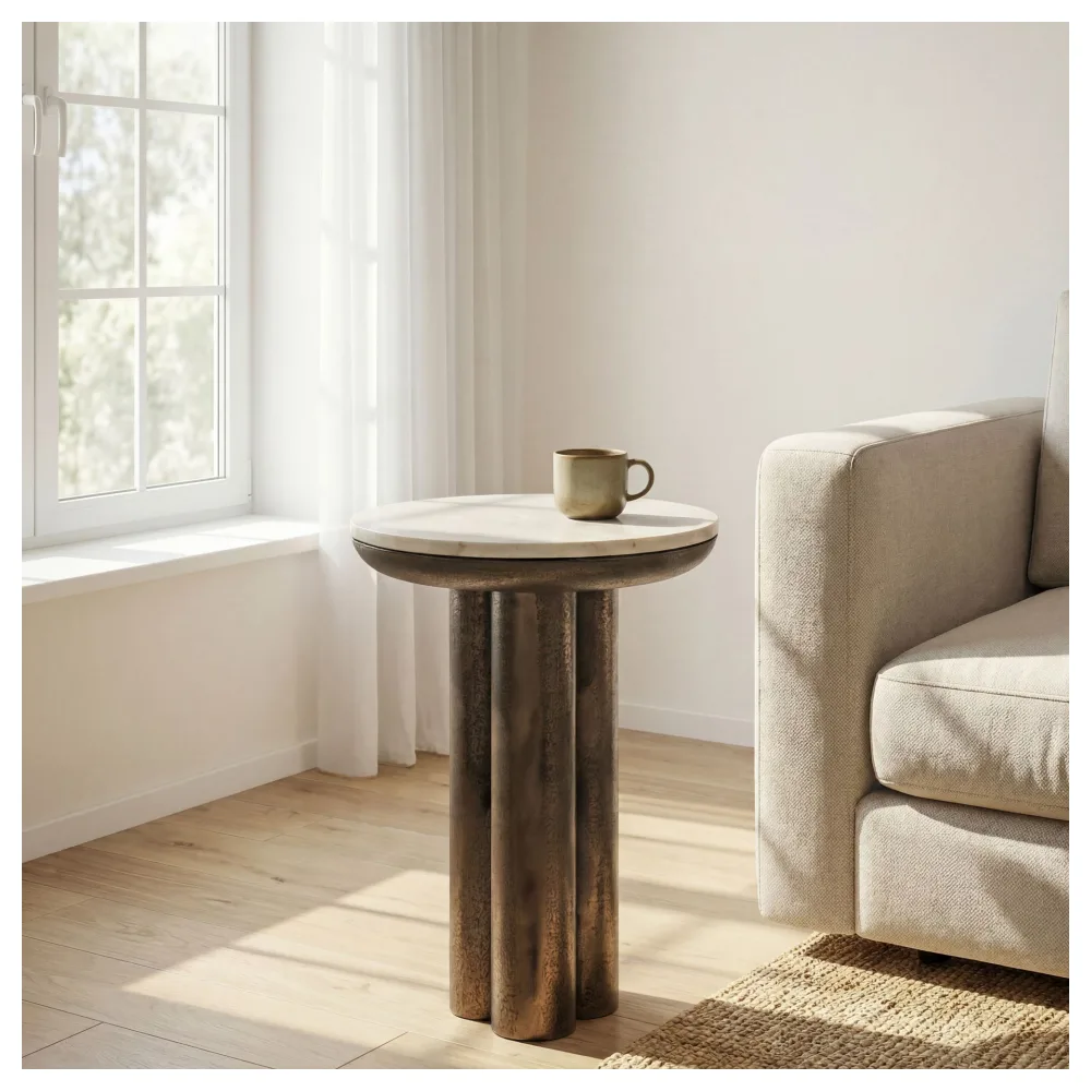 FineBuy Beistelltisch Metall mit weißer Marmor Tischplatte 36cm Rund - Design Anstelltisch Aluminium - Loungetisch Säulenbein - Alu Sofatisch - Couchtisch Wohnzimmertisch Klein Handmade