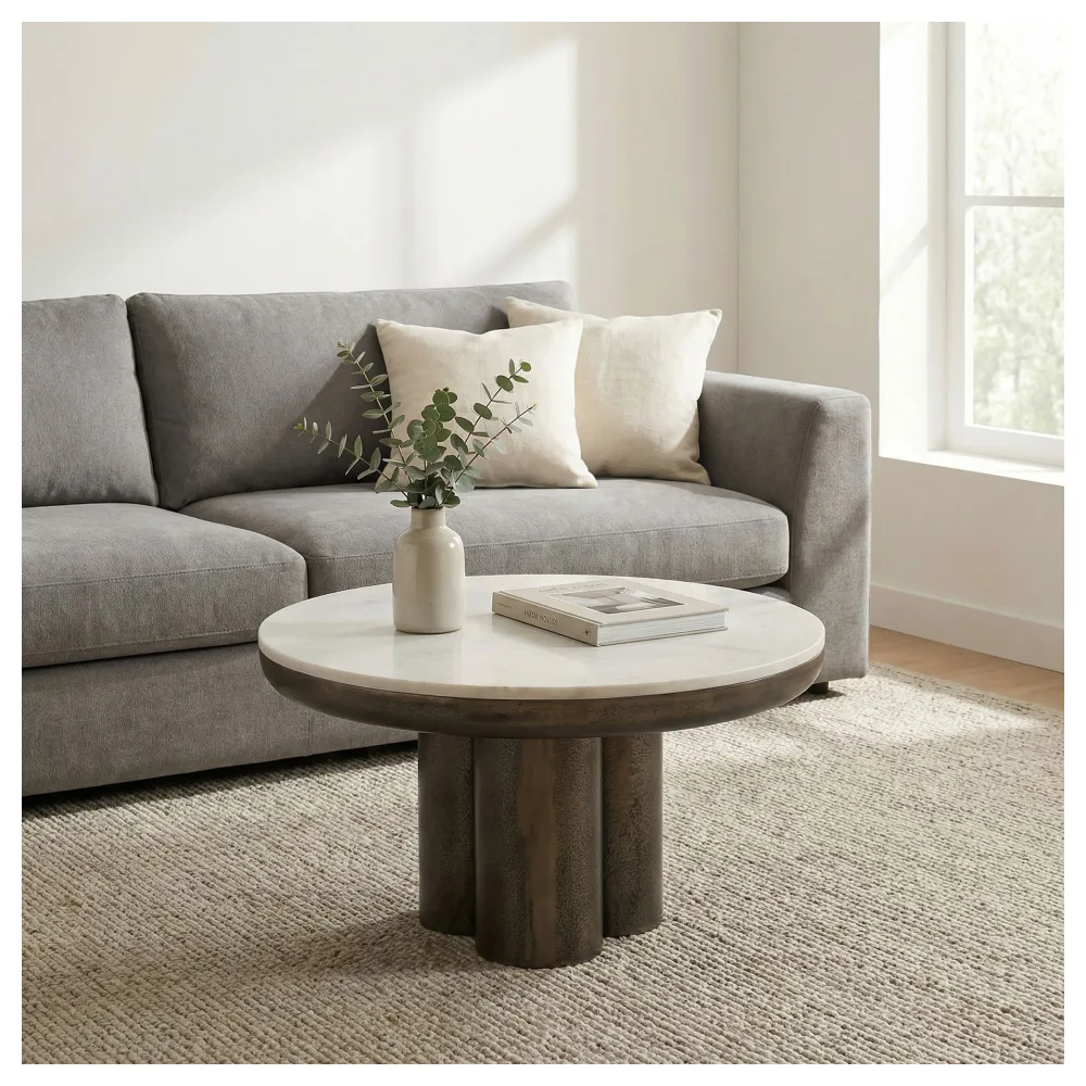 FineBuy Couchtisch Metall mit weißer Marmor Tischplatte 60cm Rund - Design Wohnzimmertisch Aluminium - Alu Loungetisch Säulenbein - Moderner Beistelltisch Sofatisch - Edler Kaffeetisch Handmade
