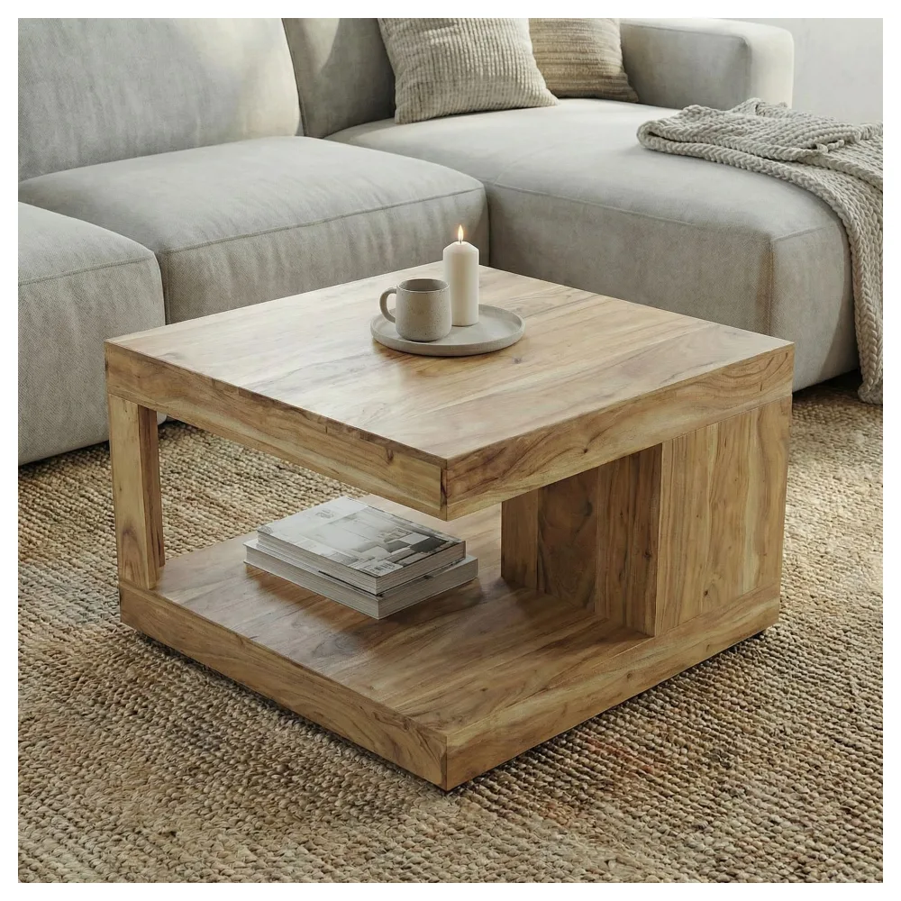 FineBuy Couchtisch Akazie Massivholz 60cm - Quadratischer Wohnzimmertisch mit Ablagefach - Design Sofatisch Holz - Offener Loungetisch - Natur Beistelltisch Handmade