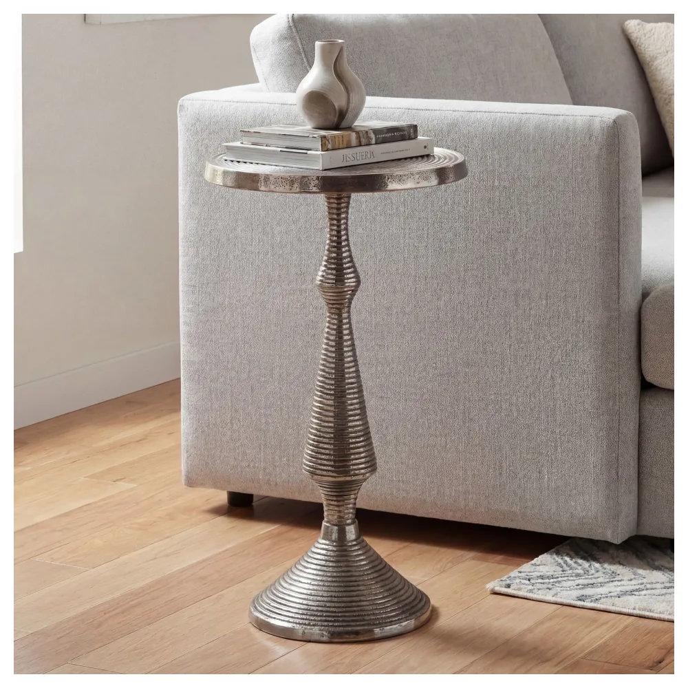 FineBuy Beistelltisch Silber 30cm Aluminium Tisch Rund - Anstelltisch Metall Dekotisch - Design Wohnzimmertisch Rillenoptik - Sofatisch Modern - Couchtisch Handmade