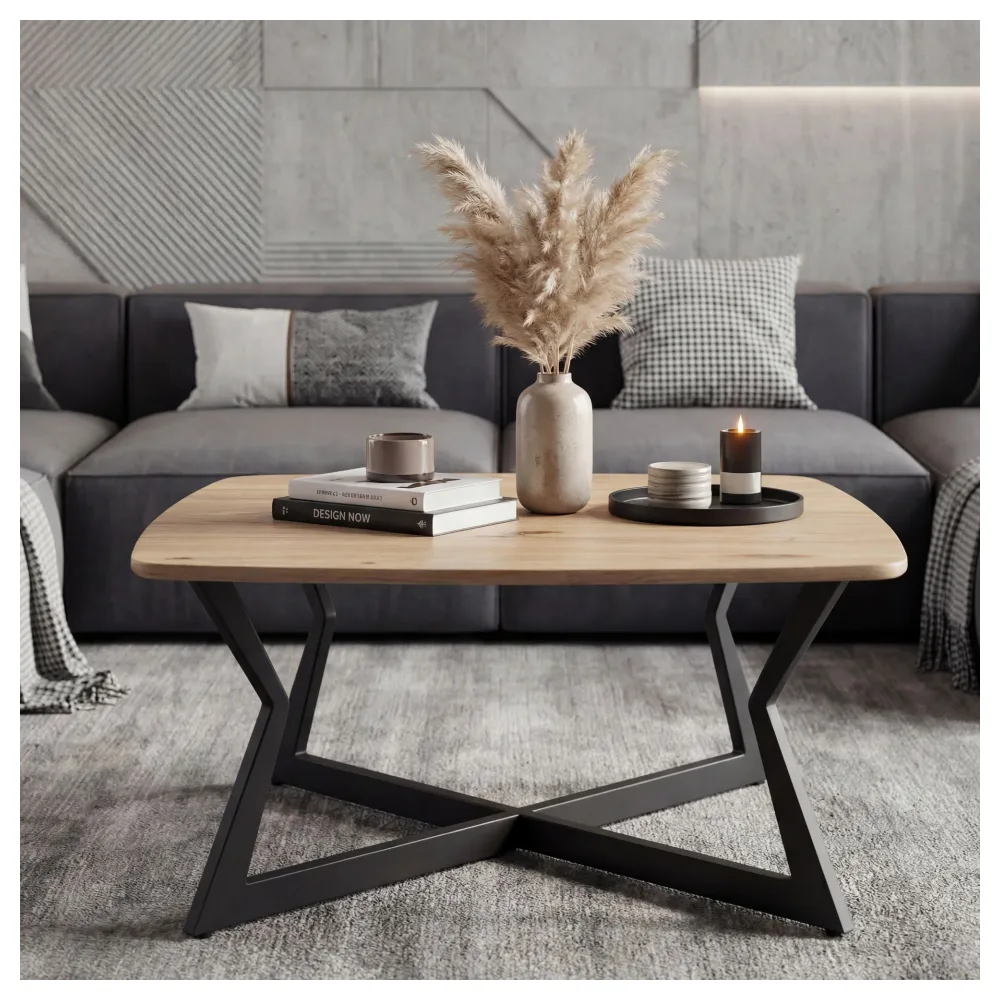 FineBuy Couchtisch Quadratisch 75x75cm Eiche Optik Schwarz - Design Sofatisch - Wohnzimmertisch Loungetisch Modern - Beistelltisch Kaffeetisch Industrial