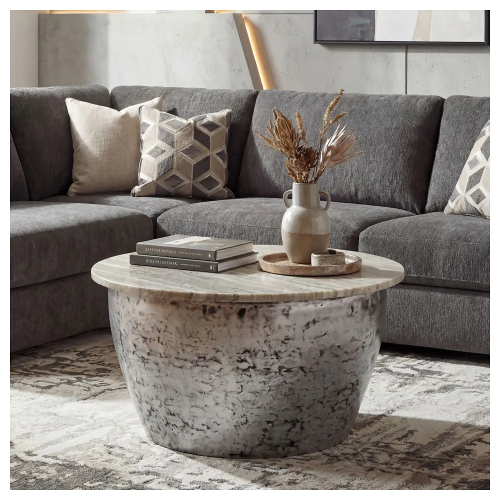 FineBuy Couchtisch Metall mit weißer Marmor Tischplatte 60cm rund - Design Wohnzimmertisch Runder Loungetisch - Massiver Sofatisch - Extravaganter Beistelltisch Handmade