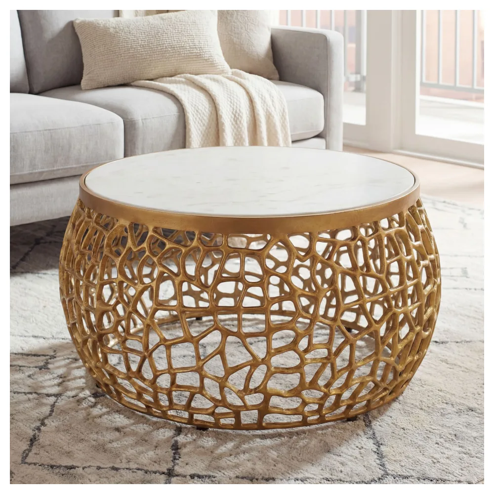 FineBuy Design Metall Couchtisch Gold mit weißer Marmor Tischplatte 60 cm rund - Aluminium Wohnzimmertisch Modern - Loungetisch Alu Beistelltisch Wohnzimmer Handmade