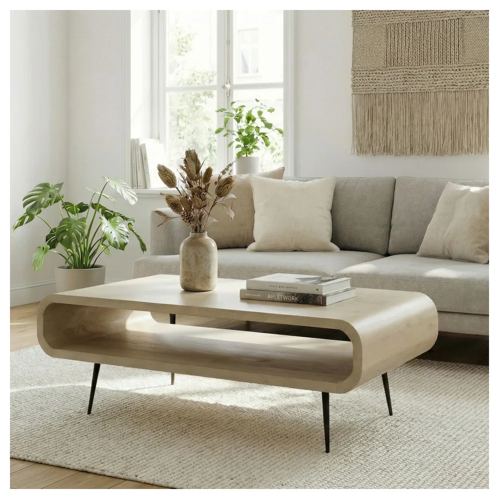 FineBuy Couchtisch Mango Massivholz white wash 90cm - Design Wohnzimmertisch mit Metall Beine - Rechteckiger Sofatisch Ablage Retro - Loungetisch Holz - Natur Beistelltisch Handmade