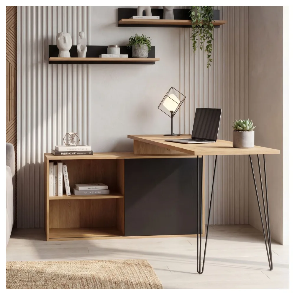 FineBuy Schreibtisch MDF 130cm Eiche Dekor Schwarz L Form mit Regal - Design Eckschreibtisch mit Schrank - Computertisch Holzoptik - Schreibtischkombination Schiebetür Stauraum Hairpin Homeoffice