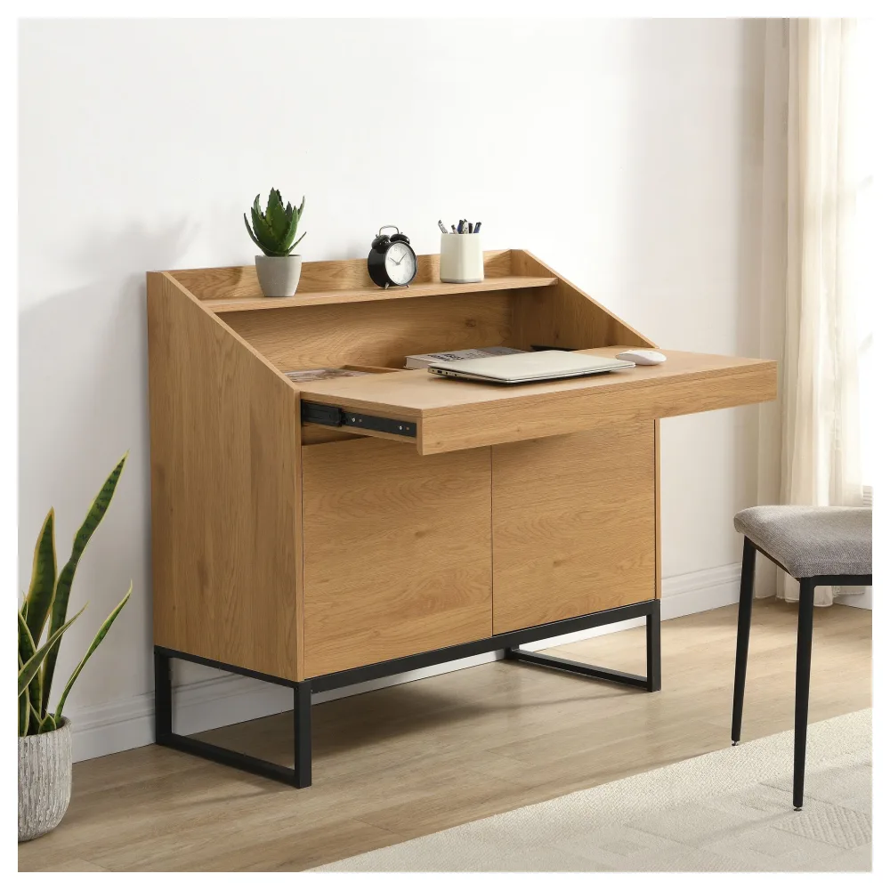 FineBuy Sekretär MDF 100cm Eiche Dekor Metall Beine Rechteckig - Design Kompakt Schreibtisch Ausziehbar mit Stauraum - Schreibtisch Holzoptik - Bürotisch mit Schrank Home Office
