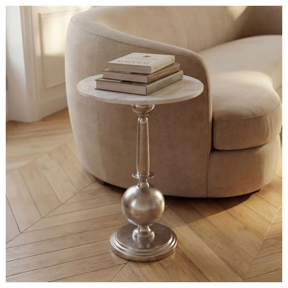 FineBuy Beistelltisch Rund 40x40cm Silber mit massiver Marmorplatte Weiß - Design Anstelltisch Metall Naturstein - Loungetisch Couchtisch Art Déco - Sofatisch Wohnzimmertisch Handmade