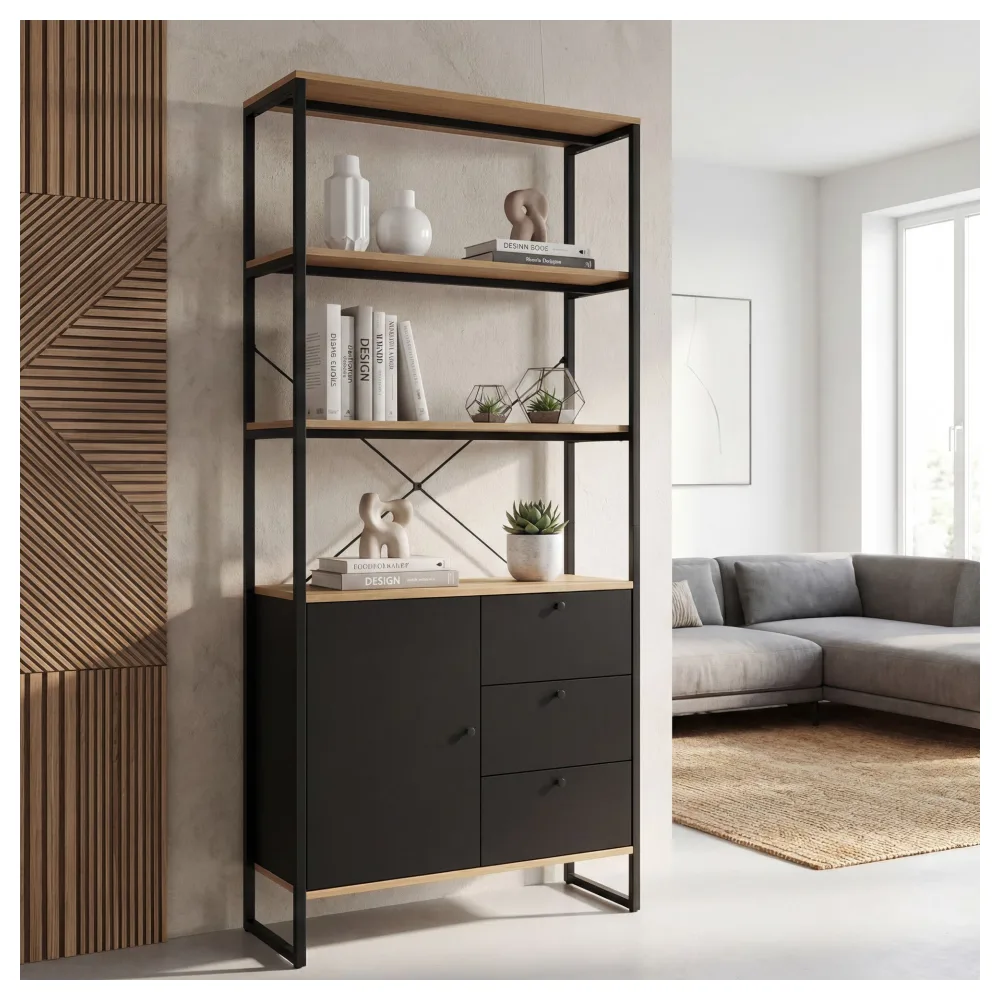 FineBuy Bücherregal MDF Metall 180cm Eiche Dekor Schwarz - Design Standregal - Mehrzweckregal Holzoptik hoch - Regal mit Schubladen und Tür - Stauraumregal Wohnzimmerregal
