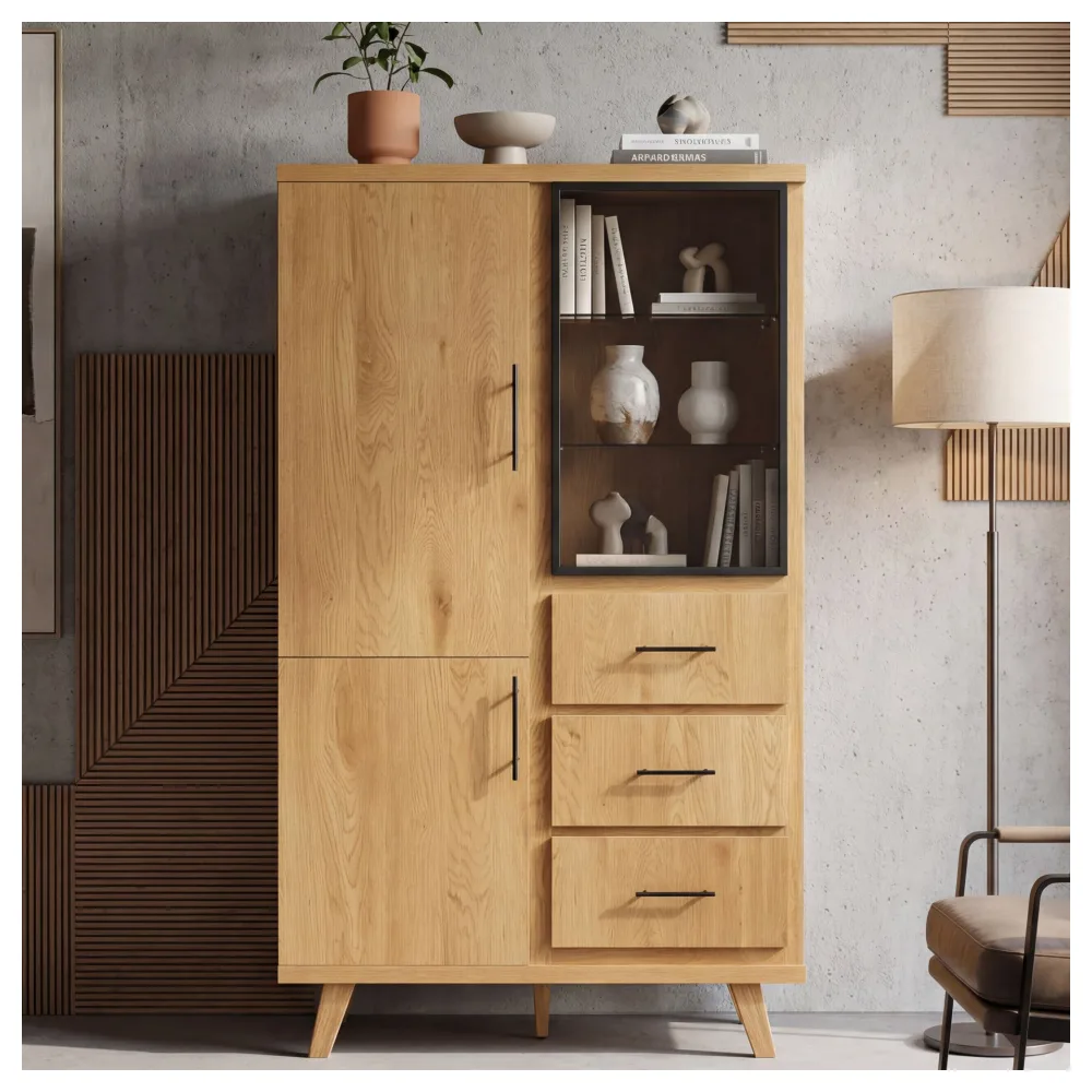 FineBuy Hochschrank MDF 188cm Eiche Dekor Groß mit Türen und Schubladen - Design Standschrank - Mehrzweckschrank Holzoptik - Wohnzimmerschrank Modern - Esszimmerschrank mit Regal