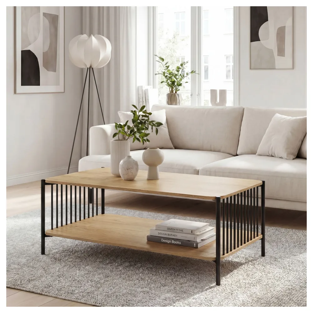 FineBuy Couchtisch 110x60cm Eiche Optik Rechteckig - Design Sofatisch Metall - Wohnzimmertisch Ablage - Loungetisch Stauraum - Beistelltisch Kaffeetisch