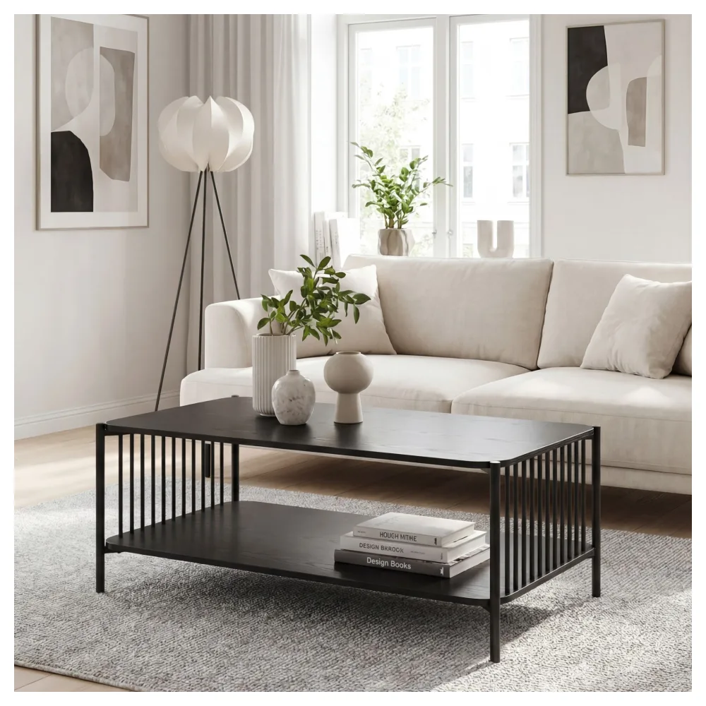 FineBuy Couchtisch 110x60cm Eiche Optik Schwarz Rechteckig - Design Sofatisch Metall - Wohnzimmertisch Ablage - Loungetisch Stauraum - Beistelltisch Kaffeetisch