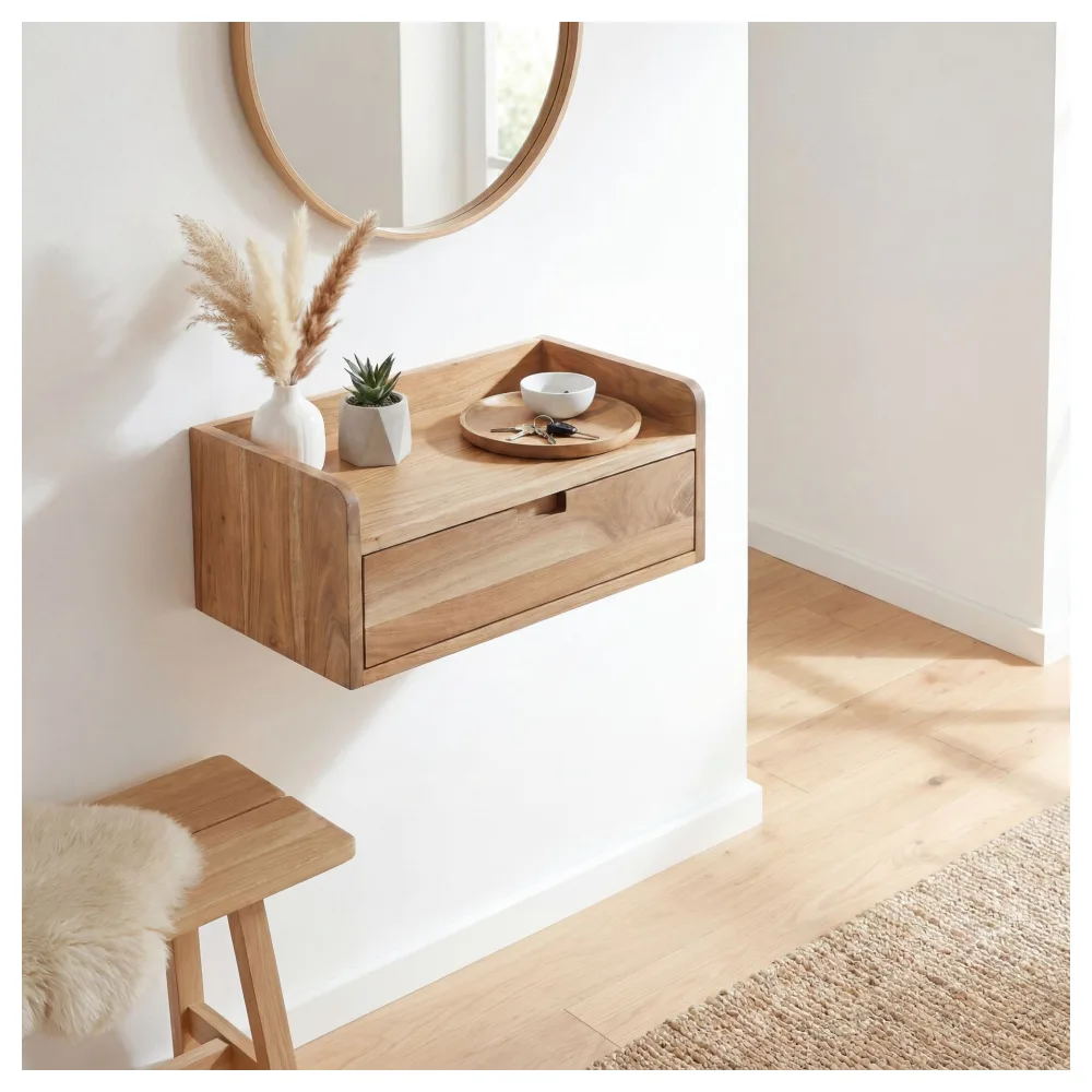 FineBuy Wandregal Akazie Massivholz 45x30cm Schwebendes Regal mit Schublade - Design Schweberegal - Hängeregal Holz - Wandboard Handmade
